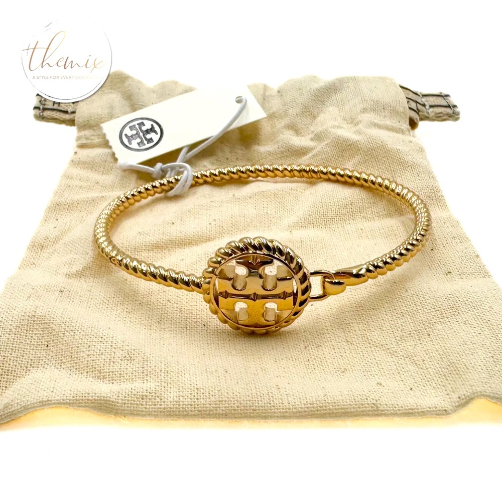 NWT Tory Burch Women's Rope Logo Gold Plated Hinged Cuff Bracelet - Picture 2 of 6